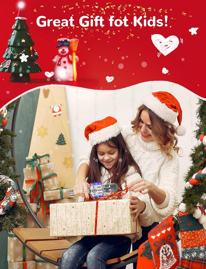 Amazmic Kids Karaoke Microphone Machine Toy Bluetooth Microphone Portable Wireless Karaoke Machine Handheld with LED Lights, Gift for Children Adults Birthday Party, Home KTV(Gray)