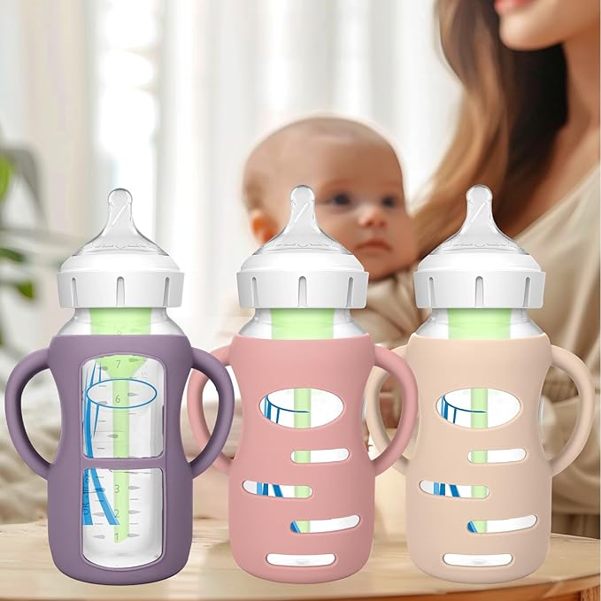 BUSOHA 3 Pack Silicone Sleeves for Dr. Brown's Glass Baby Bottles - Drop Protection Baby Bottle Sleeves Compatible with Dr. Brown's Newborn Glass Bottles with Silicone Handles,9oz