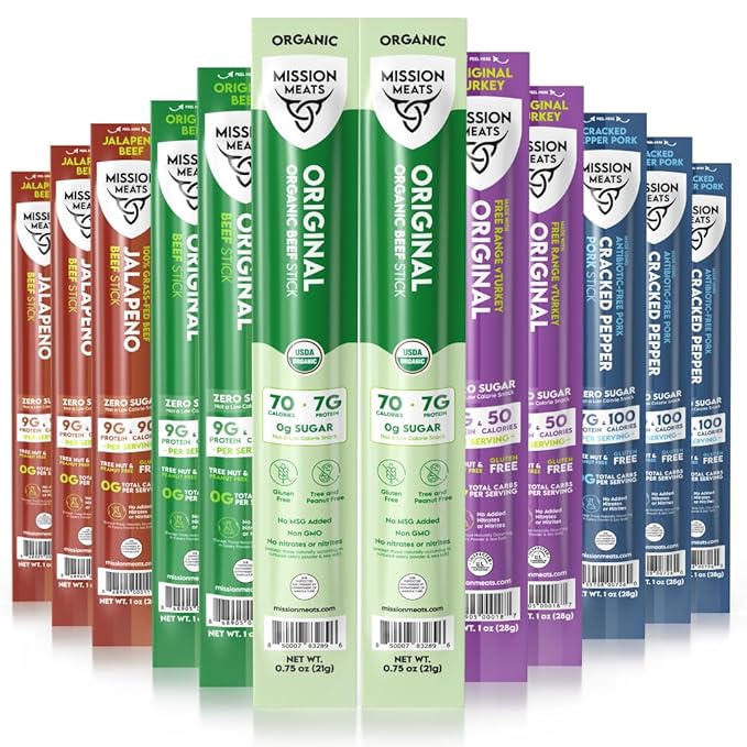 Mission Meats Variety Pack with Certified Organic Beef, Grass Fed, Free Range Turkey, and Cracked Pepper Pork – Gluten & Sugar Free, Whole 30 & Paleo Friendly, Delicious and Family Friendly (12 Count)