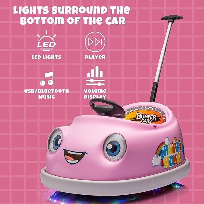12V Dual Battery Electric Ride on Kids Bumper Car w/Remote Control,360 Degree Spin,Push Rod Rocker Horse Function,3-Speeds Babies & Toddlers Bumping Car Ride on Toy Gift for 1-4 Years Children (Pink)