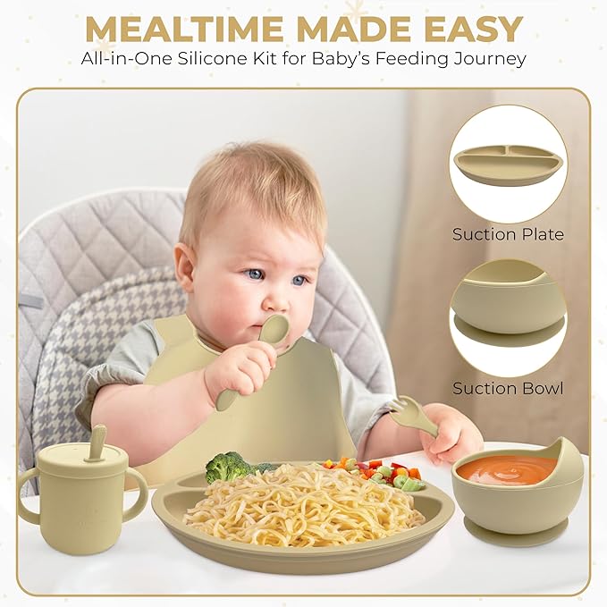 12-Piece Silicone Baby Feeding Set – Suction Bowl, Divided Plate, Bib, Utensils & More – BPA-Free Toddler Mealtime Essentials for Self-Feeding & Baby-Led Weaning