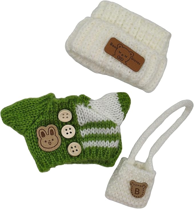 Handmade Crochet Doll Clothes ,Compatible with 5.91-6.7inch (15-17cm) Dolls as Accessories , Adorably Stylish Set for Dolls, Cute Doll Outfit with Accessories ( Green Sweater + White Hat +White Bag)