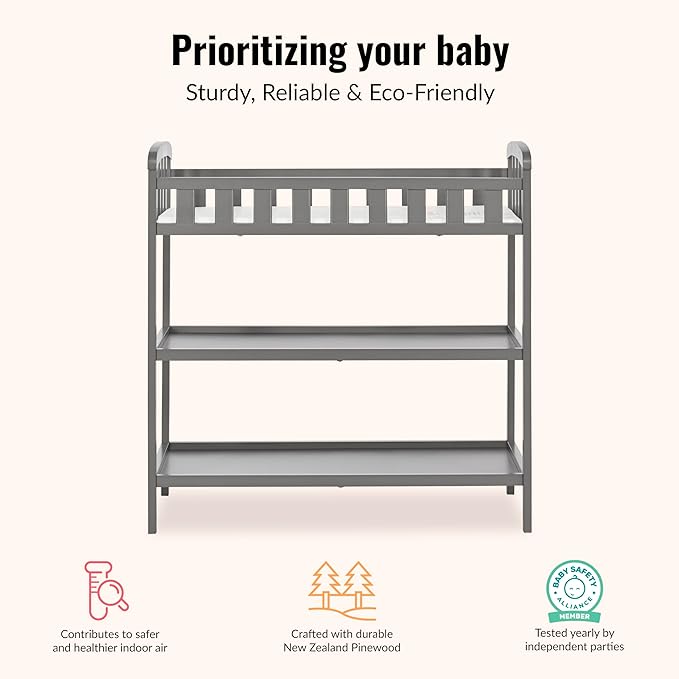 Dream On Me Emily Changing Table In Steel Grey, Comes With 1" Changing Pad, Features Two Shelves, Portable Changing Station, Made Of Sustainable New Zealand Pinewood
