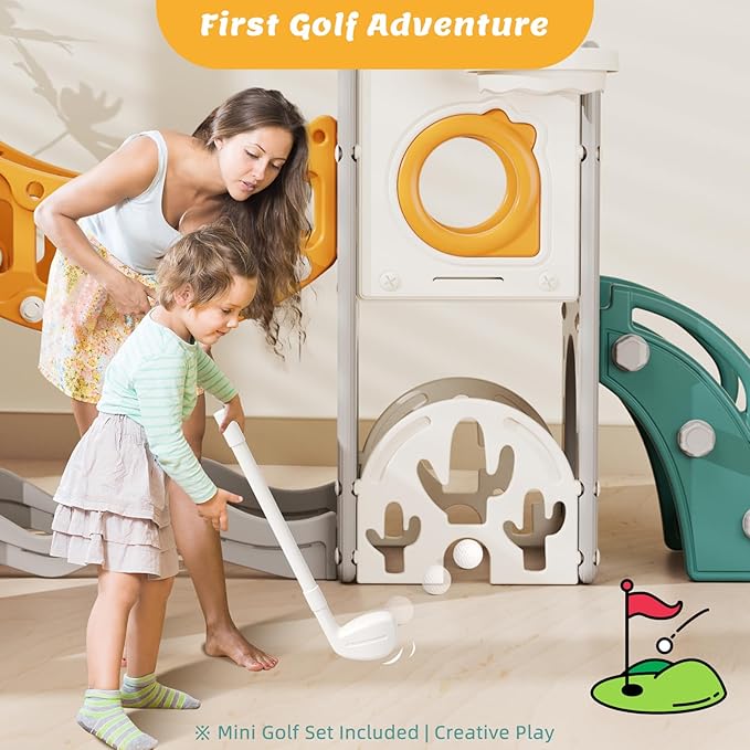 KORIMEFA 10 in 1 Toddler Slide Set, Kids Slide for Toddlers, Outdoor Indoor Playground for Toddlers 1-3, Toddler PlaySet with Basketball Hoop and Ball Golf Set, Climbing Arch(Yellow & Green)
