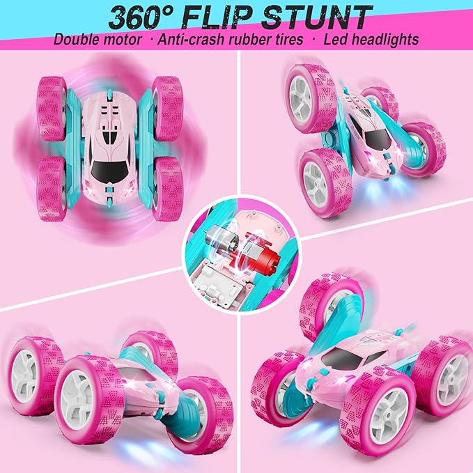 RC Cars, Pink Remote Control Car for Girls, 2.4 GHZ Double Sided RC Stunt Car 360° Rotating Remote Control Crawler with Headlights Car Toys for 6 7 8 9 10 11 12 Girls Birthday Gift