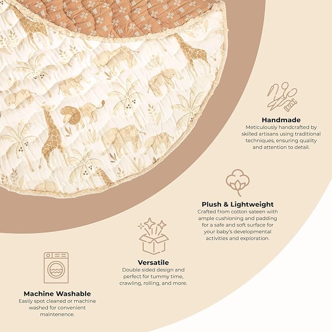 Crane Baby Safari Baby Tummy Time Activity Mat 40"X40", Reversible Floor Play Mat for Boys and Girls, Jungle Nursery Decor