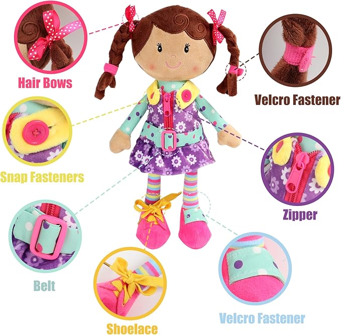 Snuggle Stuffs Sugar Snap Plush Learn to Dress Doll for Toddlers - 15" - for 2 Year Old Girl - Montessori