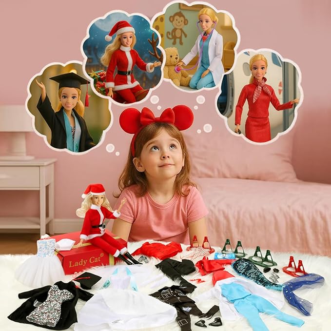 51 Pcs Themed Doll Clothes & Accessories – Educational Role Play Gift Set for Girls with 10 Outfits (Doctor, Bride, Mermaid, Santa, Chef etc.),10 Shoes, 5 Stands – Fits 11.5 Inch Dolls(No Doll)