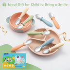 DRKIO 8 PCS Toddler Spoons Set - Baby Spoons with Silicone Handle Children safe 18/8 Stainless Steel Toddler Utensils Set for Self Feeding Kids Silverware Anti-Choke Design Food Grade Dishwasher Safe