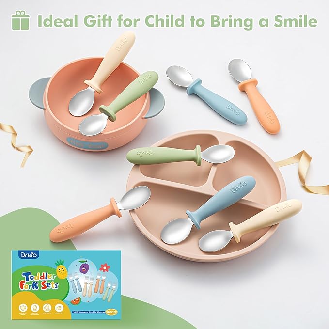 DRKIO 8 PCS Toddler Spoons Set - Baby Spoons with Silicone Handle Children safe 18/8 Stainless Steel Toddler Utensils Set for Self Feeding Kids Silverware Anti-Choke Design Food Grade Dishwasher Safe
