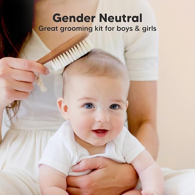 Wooden Baby Hair Brush - Cradle Cap Baby Brush with Soft Goat Bristles, Perfect Gentle Scalp Newborn Comb for Infant, Girls, Boys, Bath Essentials(Dark Walnut, Oval)