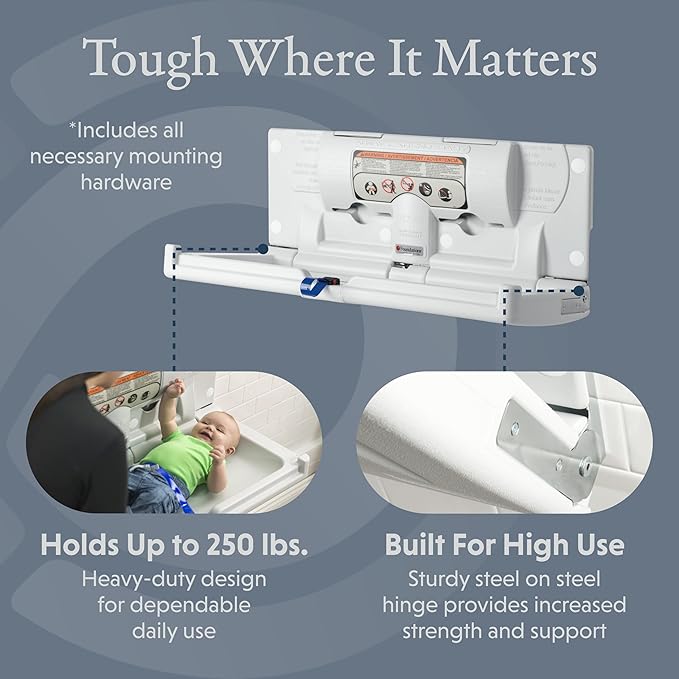 Foundations Classic Horizontal Wall-Mounted Baby Changing Station for Commercial Restrooms, Includes One Handed Adjustable Safety Strap & Liner Dispenser, Gray (100-EH)