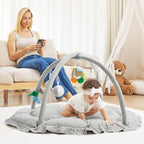 ANGELBLISS 5 in 1 Baby Play Gym Mat, Reversible Tummy Time Mat with 5 Sensory Toys for Stage-Based Developmental, Thick & Large Baby Activity Center from Newborn to Toddler (Grey)