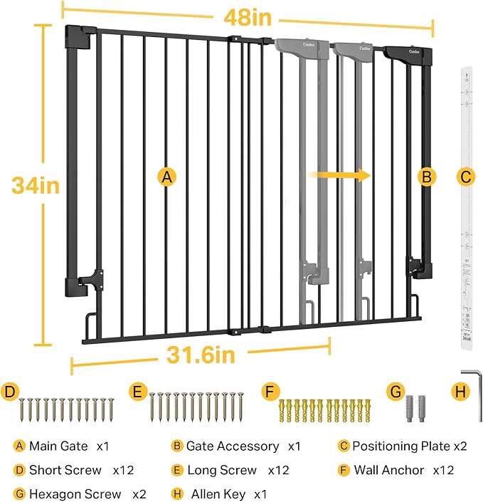 Cumbor 34" Extra Tall No Bottom Bar Baby Gate for Stairs, Auto Close Dog Gate Indoor for Larger Pets, 31.6-48" Hardware Mounted Safety Gate for Doorways, Wide Walk Thru Door for Easy Access (Black)