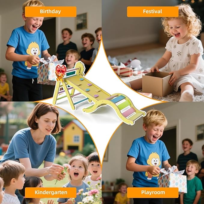 Pikler Triangle Set with Cushion, 7-in-1 Indoor Climbing Toys for Kids, Wooden Montessori Climbing Set for Toddlers Montessori Toys