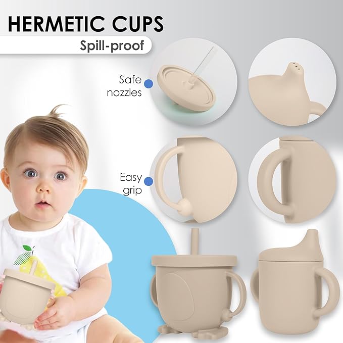 Bluet B- Silicone Baby Feeding Set with Pacifier - Baby Led Weaning Supplies - Baby Spoons, Suction Bowl - Plate - Baby Utensils Set - Silicone Feeding Set for Baby First Foods - 11pcs - Beige