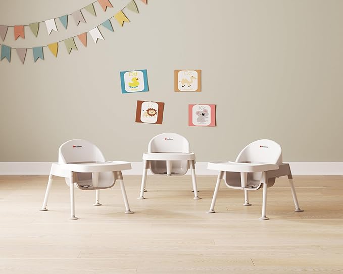 Foundations Secure Sitter Feeding Chairs Multipack, No-Tip Feet, 3-Point Adjustable Harness, Removable Tray, Easy to Clean, Stackable Feeding Chairs, 3 Pack (7 inch)