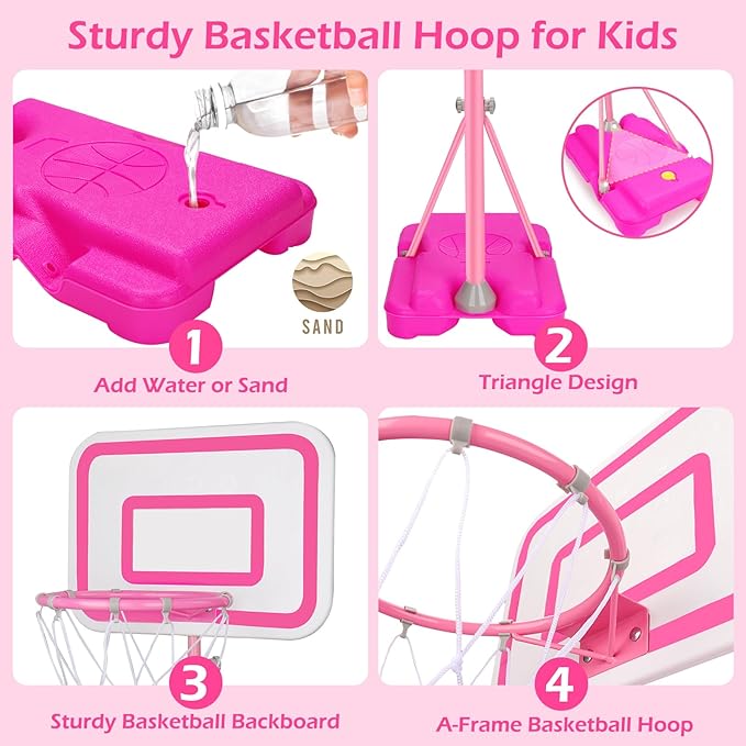 Tsomtto Toddler Basketball Hoop for Girls Pink Goals Adjustable Height 2.9ft-6.2ft Portable Kids Indoor Outdoor Play Outside Backyard Toys 3 4 5 6 Year Old Girl Birthday Gift