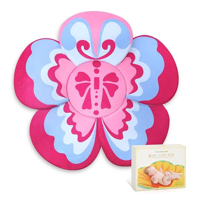 Premium Baby Bath Pad with Butterfly Flower - Ultra Soft & Quick Dry Bathtub Mat for Newborns, Anti-Slip Sink Cushion (Red-Blue)