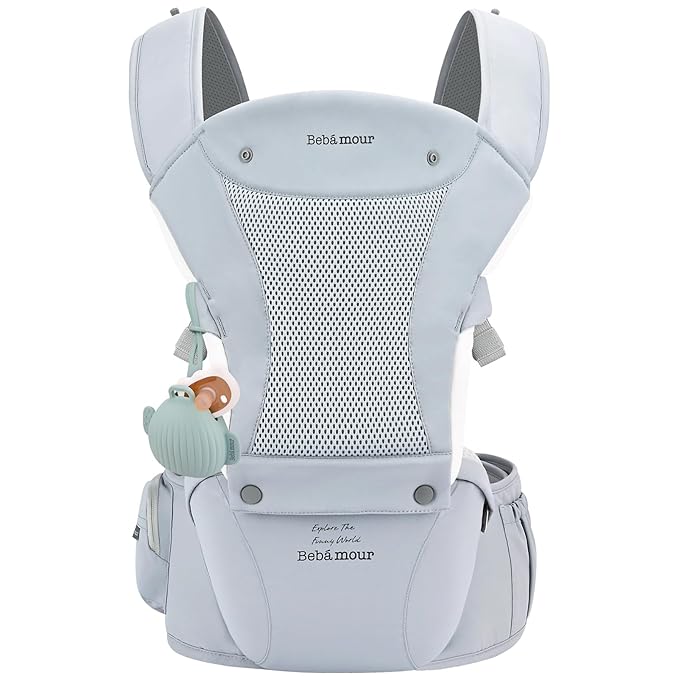 Bebamour Baby Carrier with Hip Seat,All-Position Breathable Mesh Hip Seat & Carrier 0-36Months with Head Hood, 3 PCS Teething Pads, Waist Extender,Storage Bag & Pacifier Case (Blue)