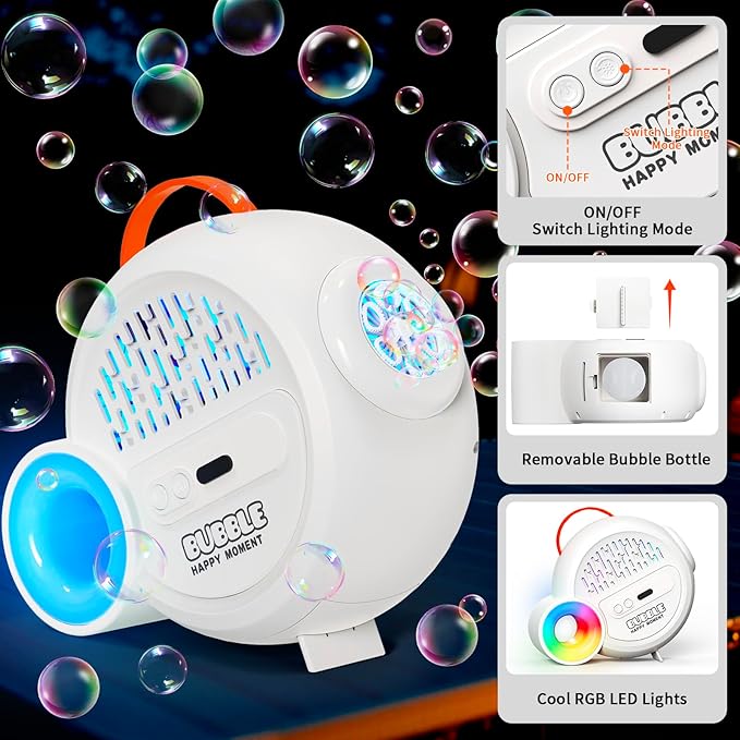 Rechargeable Bubble Machine with Upgrade RGB LED 16 Million Colors, 20000+ Bubbles Per Minute, Portable Bubble Maker for Kids, Weddings, Birthday Parties, Outdoor, Plug in or Battery Power