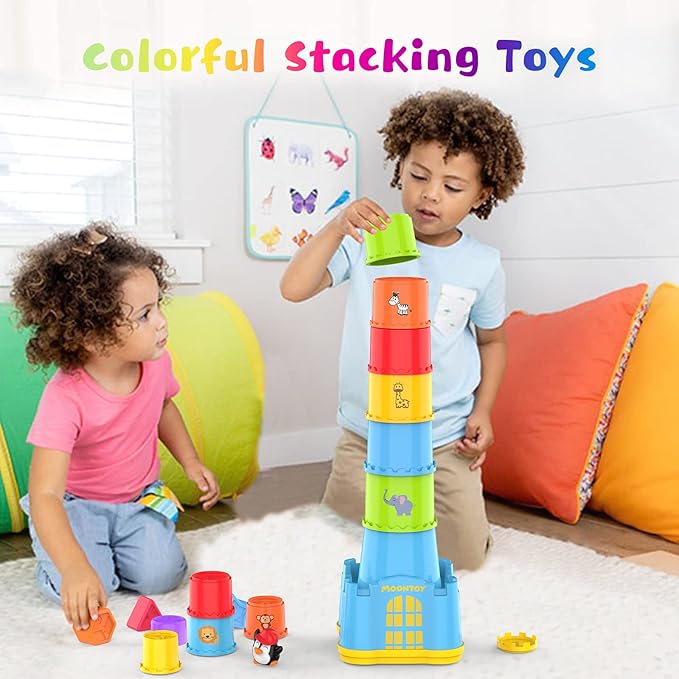 MOONTOY Stacking Cups Baby Toy Set, 19pcs Baby Stacking Toys for Toddlers 1-3, Shape Sorter Stackable Blocks Games Nesting Sorting Toys 6-12 Months 1 Year Old Easter Basket Stuffers Birthday Gift