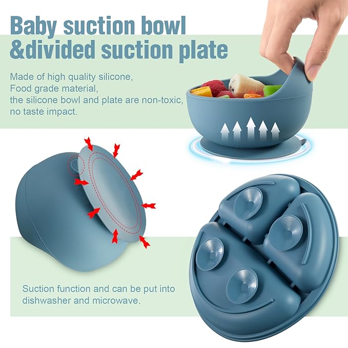 10 Pack Silicone Baby Feeding Set, Toddlers Led Weaning Feeding Supplies with Suction Baby Bowl Divided Plate Adjustable Bib Soft Silicone Spoon Fork, Infant Self Eating Utensil Set (Blue, Green)