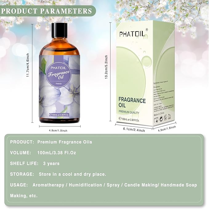 PHATOIL 3.38FL.OZ Freesia Fragrance Oils for Aromatherapy, Essential Oils for Diffusers for Home, Perfect for Diffuser, DIY Candle and Soap Making, DIY Scented Products - 100ml