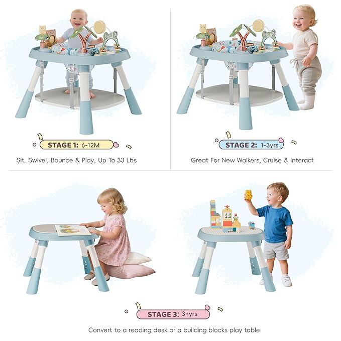 TOLEAD Baby Activity Center, Infant Jumper Activity Center with 5 Infant Toys, Music, Lights, Baby Jumpers and Bouncers, 360°Rotating Seat, Adjustable Heights, Toddler Play Table for 6+ Months (Blue)