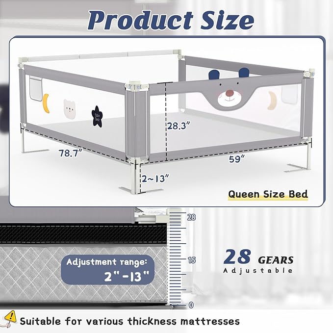 3-Piece Bed Rail for Toddlers with Headboard Rod, Adjustable Baby Bed Rail Guard, Twin/Full/Queen/King Size Bed (3, 74.8 * 74.8 * 54 Inch- Full Size)