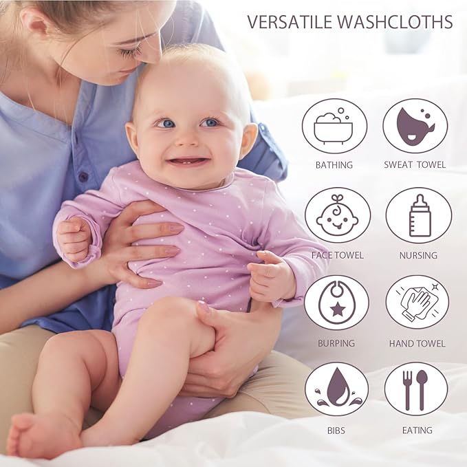 12 Pack Baby Washcloths 100% Cotton - Small Terry Wash Cloths 8" x 8" Soft Face Washcloth for Hand Body Sensitive Skin Thin Absorbent Wipes for Newborns Infant