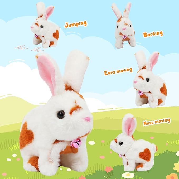 Easfan Bunny Pink Plush Toy Jumping Spotted Rabbit Talking Hopping Ears Nose Moving Educational Plush Toy Singing Shaking Glowing Interactive Toy Electric for Toddlers Kids