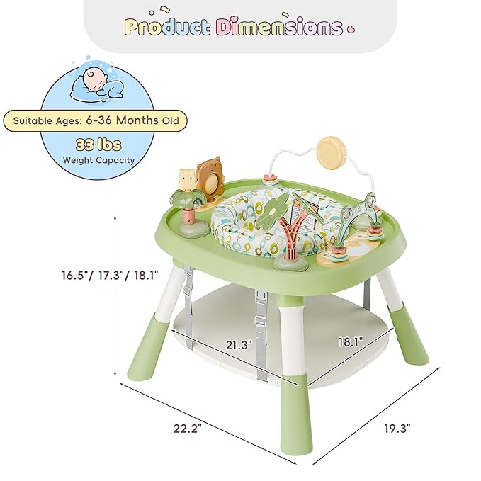 TOLEAD Baby Activity Center, Infant Jumper Activity Center with 5 Toys, Lights & Music, Adjustable Heights, 3-Stage Activity Center & Play Table, Interactive Play Center for Baby Ages 6m+ (Green)