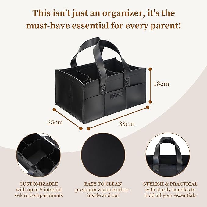 Premium Vegan Leather Baby Diaper Caddy Organizer – Portable Storage Basket for Newborn Essentials, Changing Table, Nursery, Car & Travel, Gifts for Baby Shower (Liquorice Black)