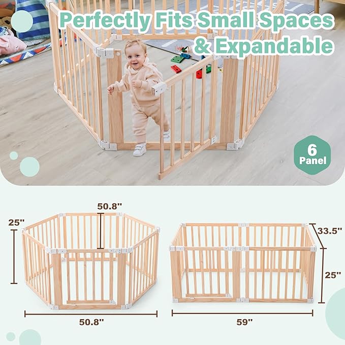 Foldable Wooden Playpen,Large Baby Gate Playpen with Child-Proof Lock-Easy Assembly, Portable Design for Babies & Toddlers- Shape& Size Adjustable Baby Fence Play Area(Wood, 6 Panel)