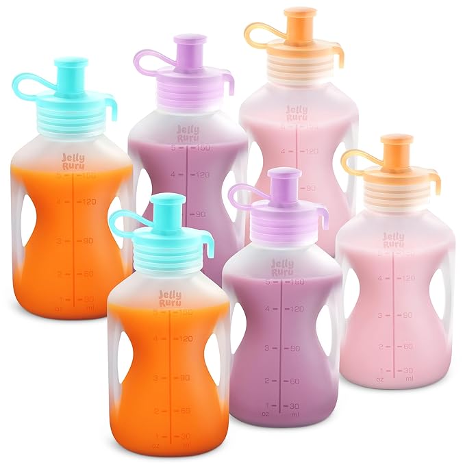 Silicone Reusable Baby Food Pouches with Straws, 6 Pack Leakproof Refillable Squeeze Pouches, Dishwasher, Freezer, Microwave Safe, 5OZ Baby Food Storage for Homemade Puree, Yogurt
