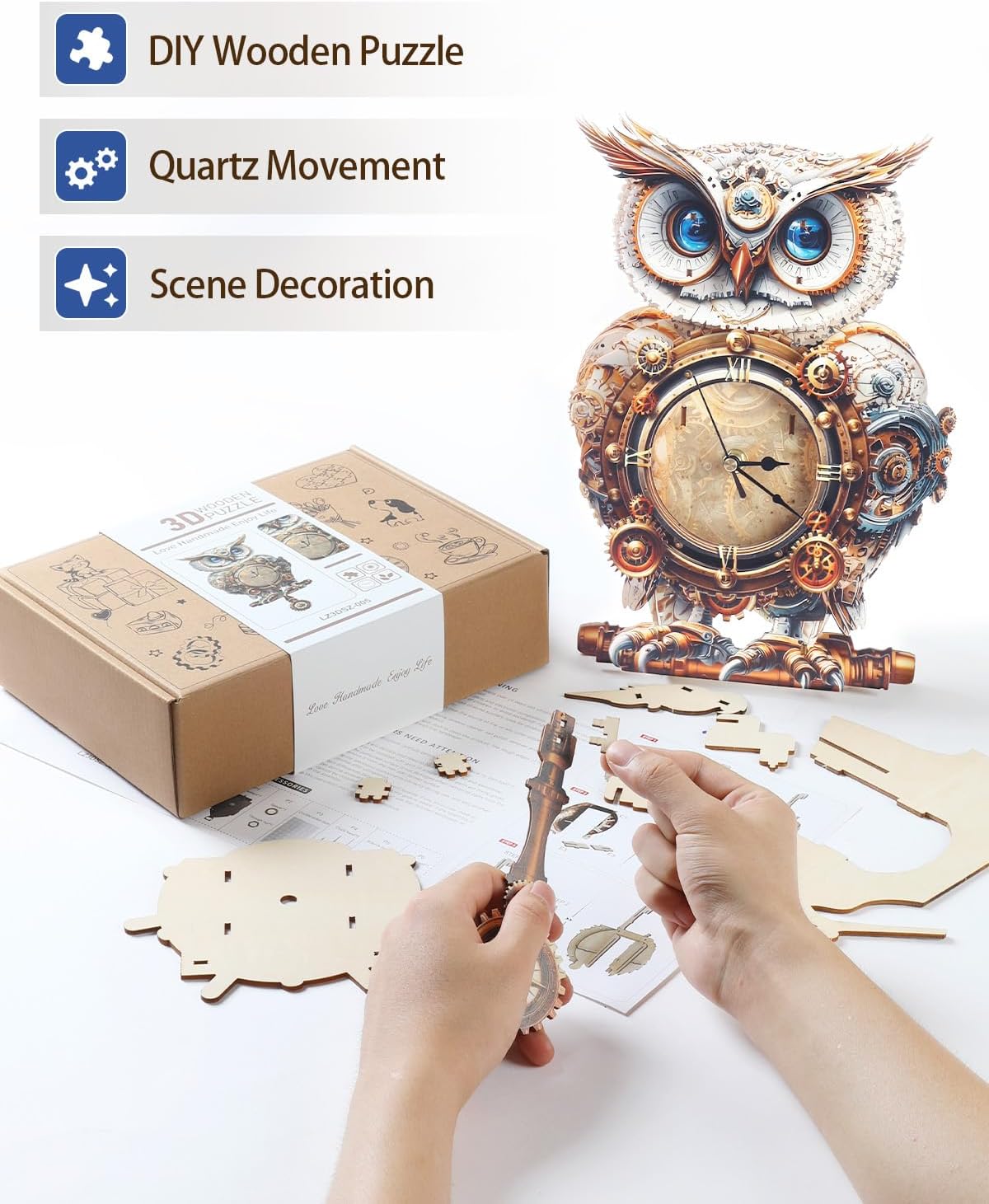 3D Wooden Puzzles for Adults, 3D Puzzles Owl Clock Kit (with Pendulum), Mechanical Owl Wooden Puzzle for Adults Teens Home Wall Decor Clock Gifts for Women Men