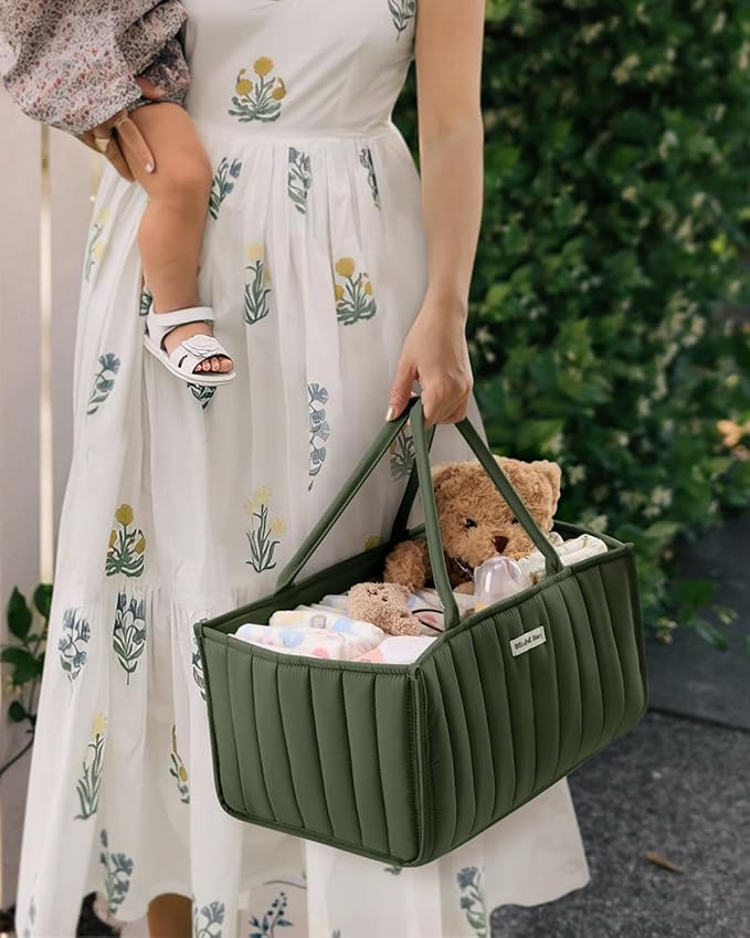 Blissful Diary Baby Diaper Caddy Organizer, Stylish Storage Basket for Newborn Essentials and Diaper Station, Gift for Baby Shower and Registry Must-Have, Deep Green