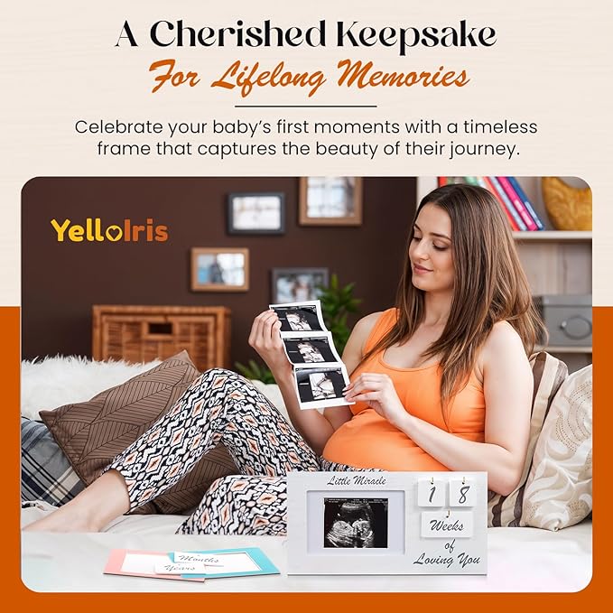 White Ultrasound Sonogram Picture Frame with Milestone Tracker – Elegant Wooden Keepsake for Expecting Parents – Nursery Décor Gift for New Moms – Countdown Tiles Included – 12" x 6" Design