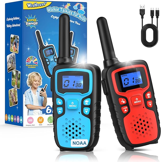 Wishouse Walkie Talkies for Kids Rechargeable Long Range,Xmas Birthday Gift for 4 5 6 7 8 9 Year Old Boys Girls,Hiking Gear Camping Games Cool Toys with NOAA,SOS Siren,Lamp,Lanyards,Easy to Use,2 Pack