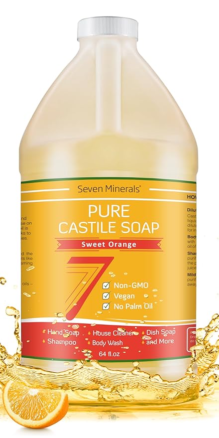 Seven Minerals Pure Castile Soap, Sweet Orange 64oz - No Palm Oil, GMO-Free - Gentle Liquid Soap For Sensitive Skin & Baby Wash - All Natural Vegan Formula with Organic Carrier Oils