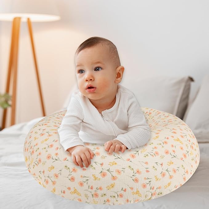 SWESEN Muslin Nursing Pillow Cover, Soft Removable Cover for Breastfeeding Pillows, Pillow Slipcover for Baby Boys and Girls, Comfortable & Breathable, Flower, Washable (Only Cover)