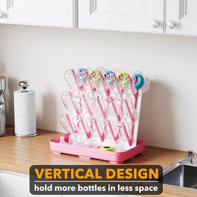 SpaceAid Baby Bottle Drying Rack with 20 Hooks, Space Saving Kitchen Bottles Rack Dryer, Vertical Baby Bottle Holder Organizer for Countertop Storage Accessories (White and Pink)