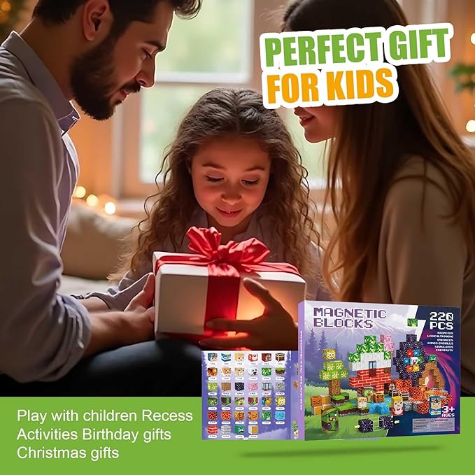 Magnetic Blocks 220 PCS Magnetic Building Blocks, 3+ STEM Montessori Sensory Toys, Magnetic Cube for for 3 4 5 6 7 8 9 10 11 12 8-12 Years Old Boys & Girls Birthday Gifts