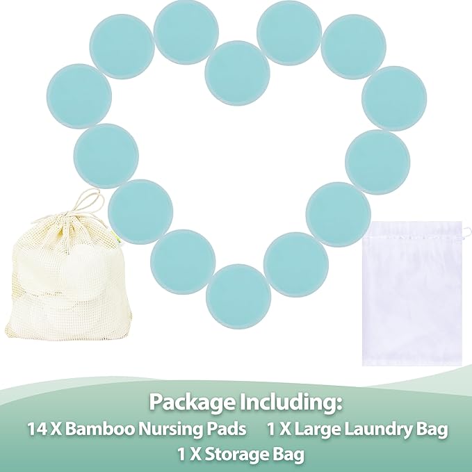 wegreeco Nursing Breast Pads (14 Pack) + Laundry Bag & Travel Storage Bag, 4.7 inch - Washable & Reusable Breastfeeding Nursing Pads (Plain Shape, Light Blue, Large)