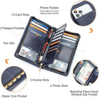 CONTACTS Passport Wallet Leather Family Passport Holder for 4 Travel Documents Organizer RFID Blocking Zipper Blue Card Wallet with 13 Card Slot