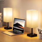 White Fully Dimmable Nightstand Lamps Set of 2 - Table Bedside Lamp with USB C+A Charging Ports & 2 AC Outlets, Square Lamp Sets Linen Fabric Shade for Bedroom Living Room(Bulb Included)