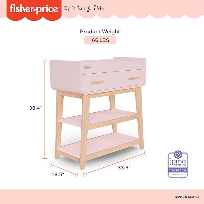 Fisher Price by Dream On Me Baby Changing Table, Blush Pink – Greenguard Gold & JPMA Certified, Wooden Nursery Dresser with Storage Shelves – Compact, Sturdy & Easy-to-Clean Design