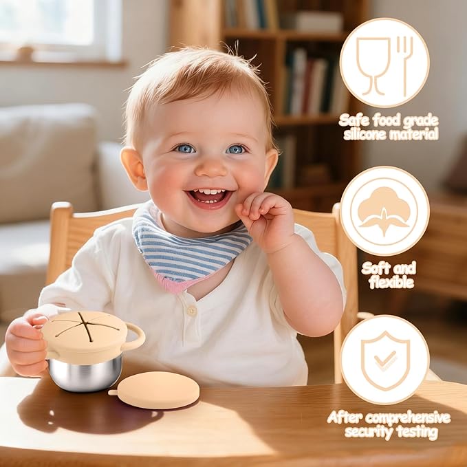 2-Pack Stainless Steel Snack Containers for Kids with Spill-Proof Silicone Lids & Handles - 3-in-1 Baby Snack Cups, No-Spill Toddler Snack Box, Perfect for On-the-Go Healthy Eating（Yellow+Red）