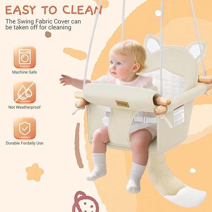 Wooden Hanging Baby Swing with Soft Safety Belt, Cozy Infant Swing Seat for Indoor & Outdoor Use, Adjustable Height, Includes Mounting Hardware – Suitable for Babies & Toddlers(Fox-Themed in Beige)